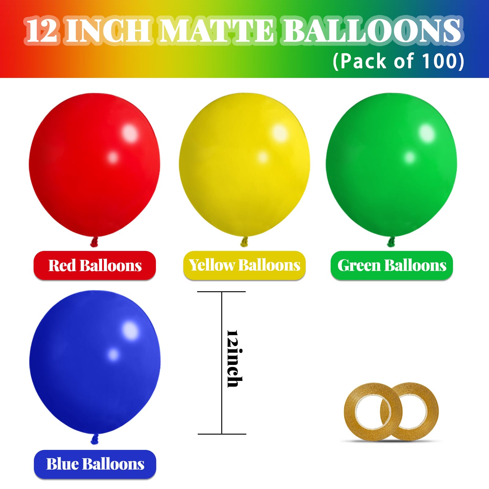 ASIYUHY 100 Pack 12 Inch Matte Latex Balloons – Red Blue Green Yellow for Carnival Birthday Baby Shower Balloon Arch
