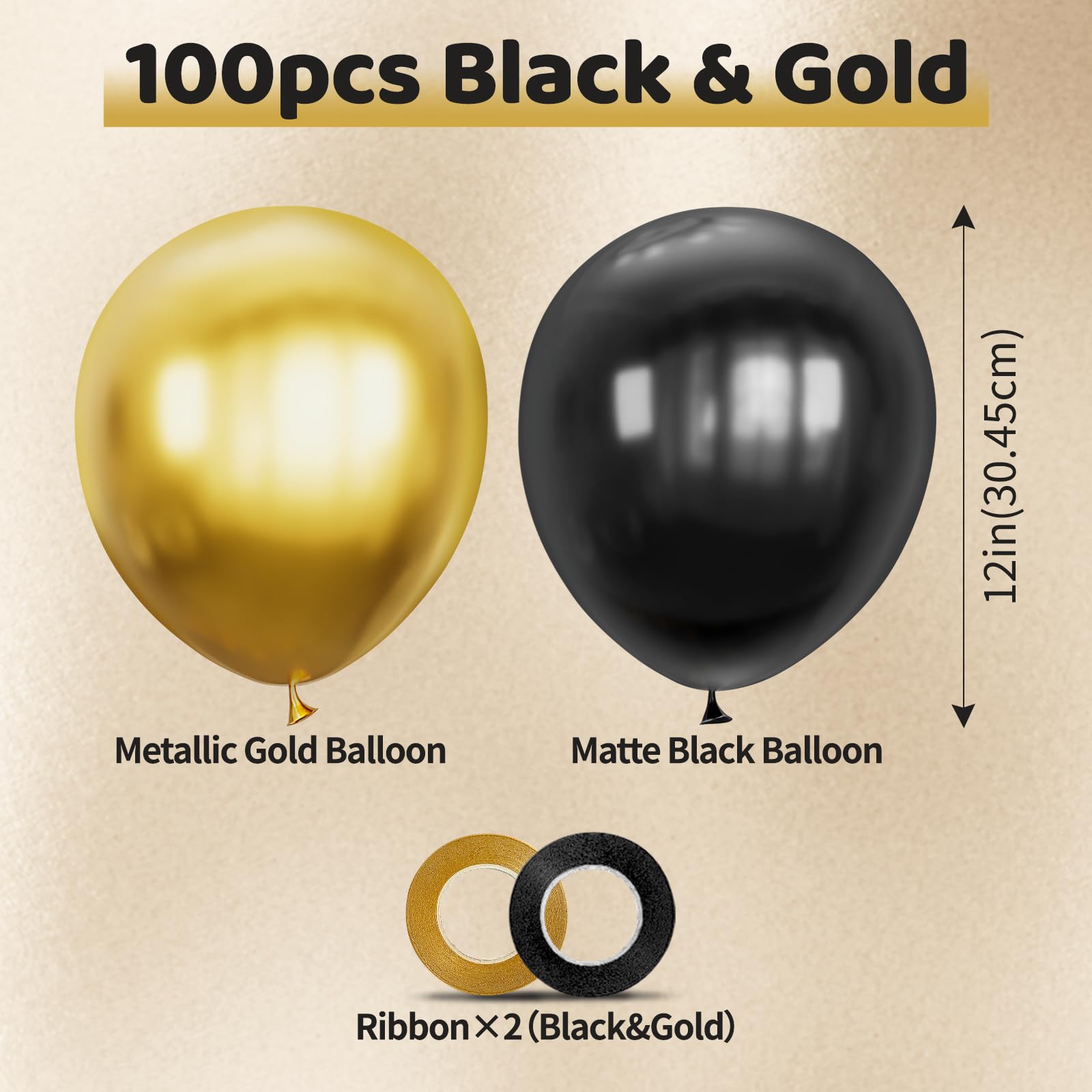 ASIYUHY 100pcs Black & Gold Balloons – 12in Metallic Latex Party Decor