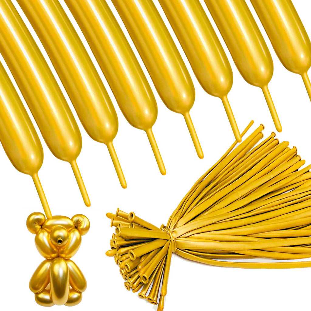 ASIYUHY Metallic 260 Gold Long Balloons Chrome — 100 Pack for DIY Animal Shapes, Weddings & Parties