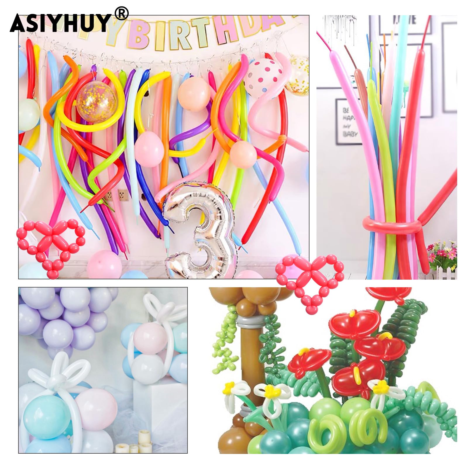 ASIYUHY Pastel 260 Long Balloons Pack — 100 Count for DIY Animal Shapes