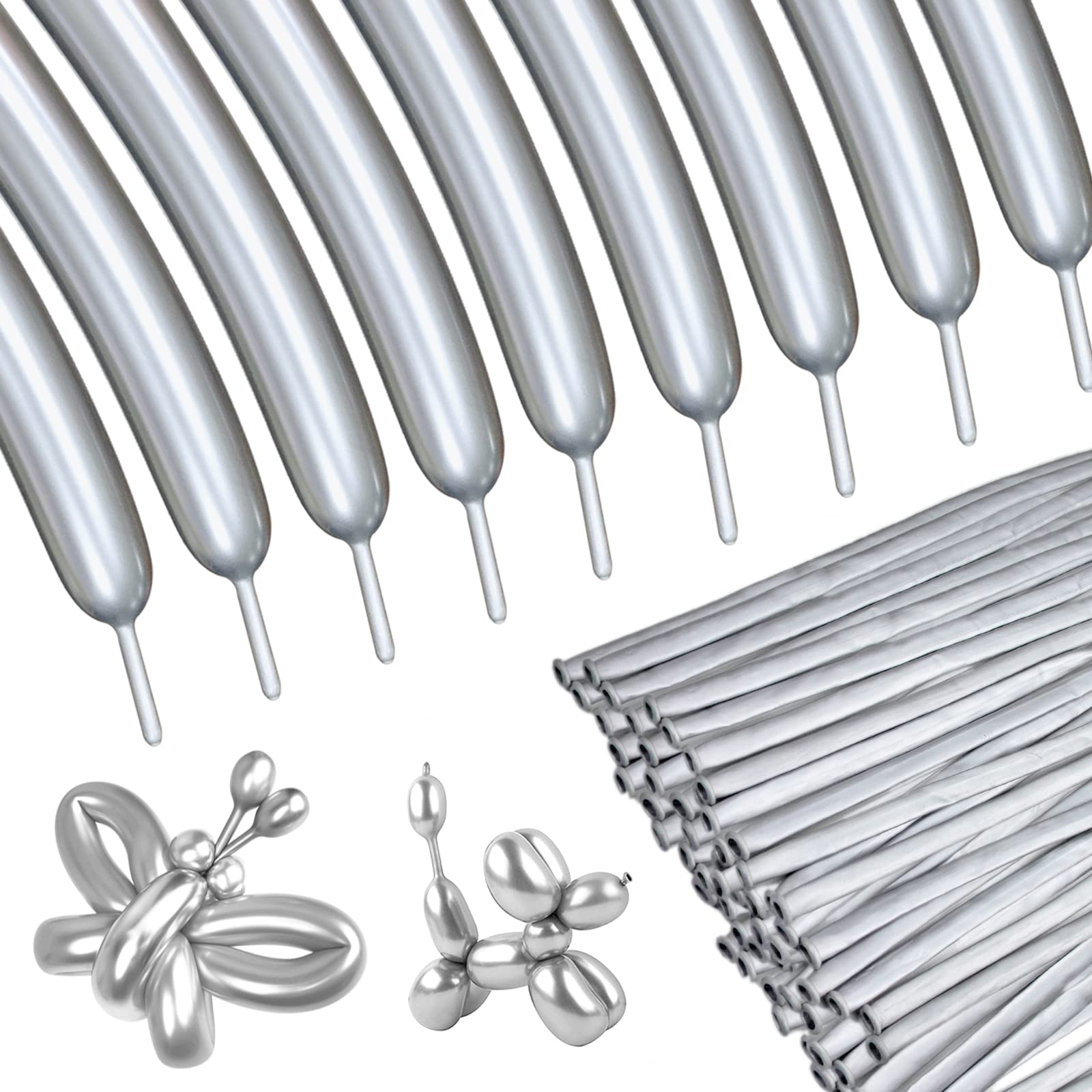 ASIYUHY Silver Metallic 260 Long Balloons – 100 Pack for DIY Animal Balloons