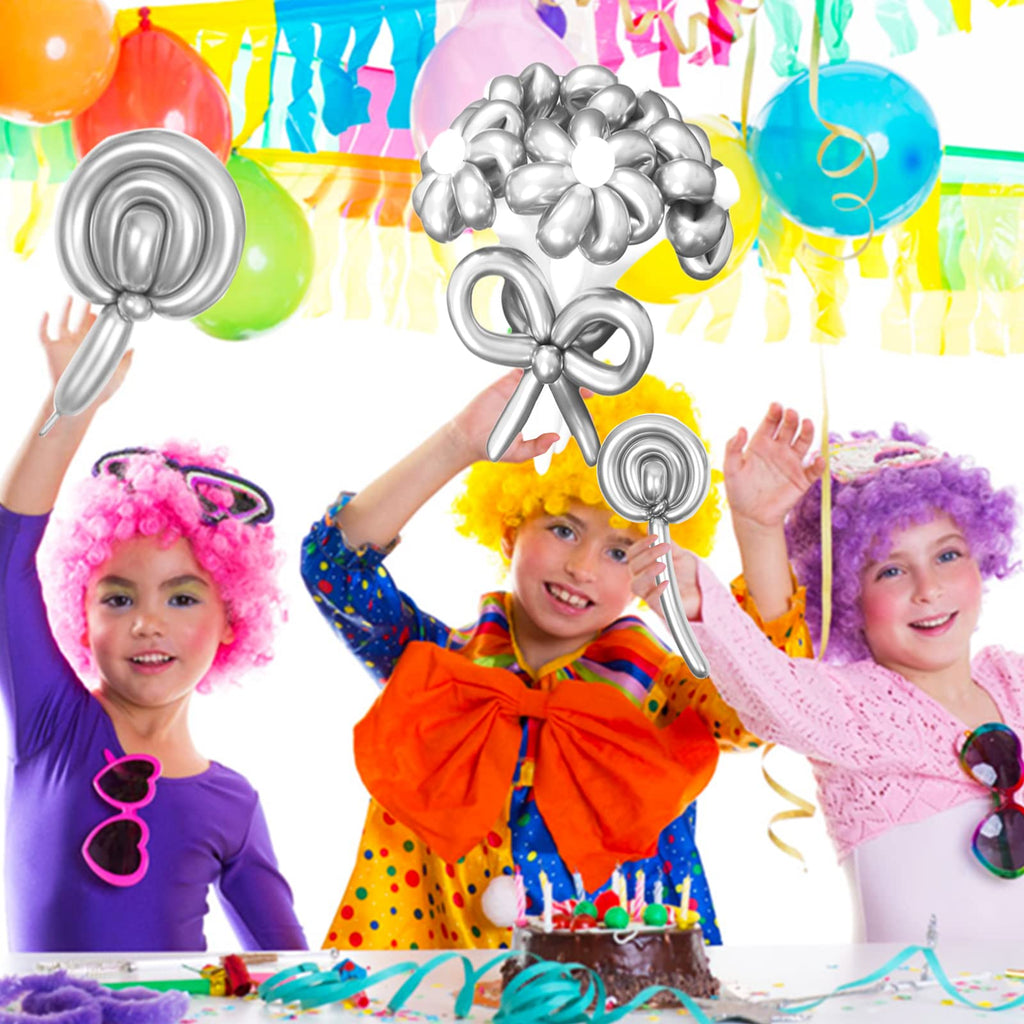 ASIYUHY Silver Metallic 260 Long Balloons – 100 Pack for DIY Animal Balloons