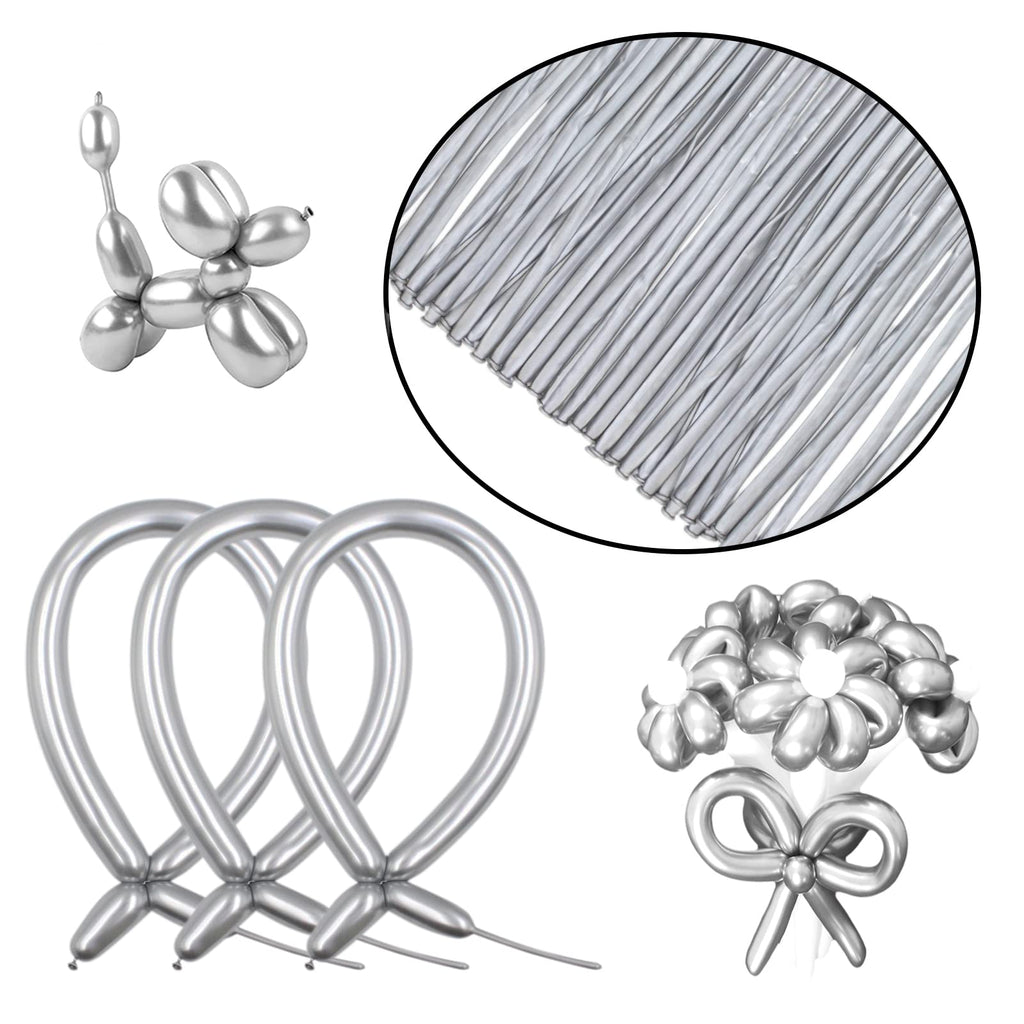 ASIYUHY Silver Metallic 260 Long Balloons – 100 Pack for DIY Animal Balloons