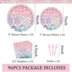 Askljeby 96 Pcs Mermaid Birthday Party Decorations — Plates, Napkins & Forks for 24 Guests