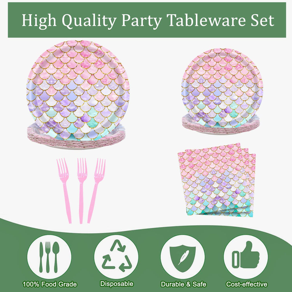 Askljeby 96 Pcs Mermaid Birthday Party Decorations — Plates, Napkins & Forks for 24 Guests