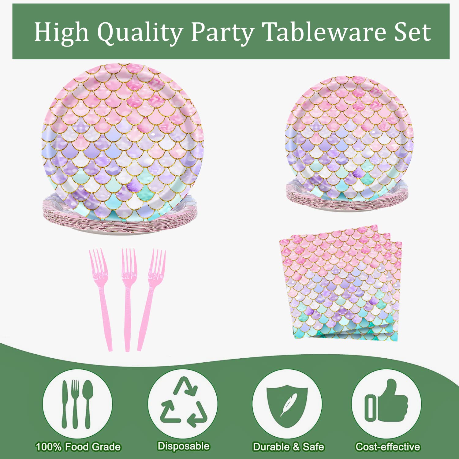 Askljeby 96 Pcs Mermaid Birthday Party Decorations — Plates, Napkins & Forks for 24 Guests