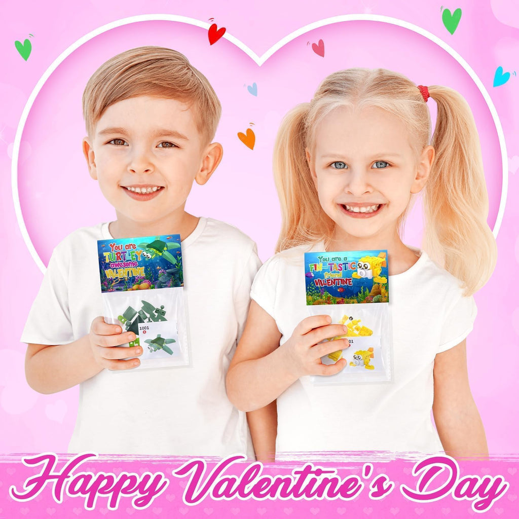 Asoulin 24PCS Sea Animal Building Blocks Valentines for Kids – Classroom Party Favors