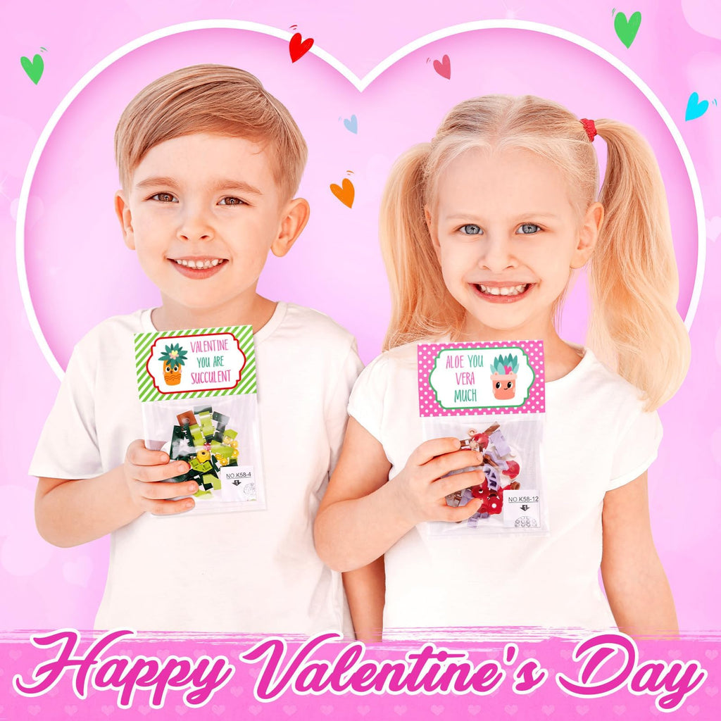 Asoulin 24Pcs Flowers & Succulents Building Blocks Valentine Cards for Kids – Party Favors & Classroom Prizes