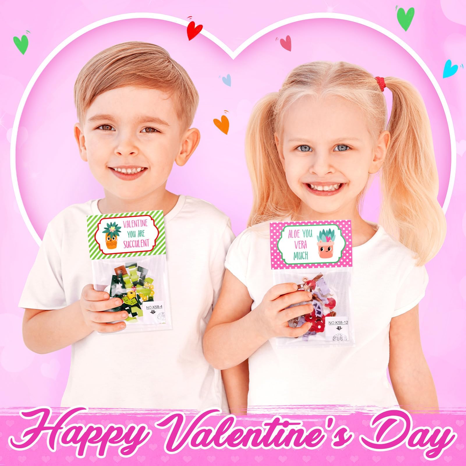 Asoulin 24Pcs Flowers & Succulents Building Blocks Valentine Cards for Kids – Party Favors & Classroom Prizes