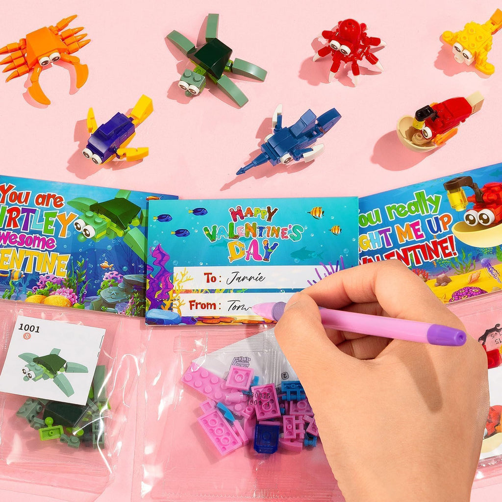 Asoulin 24PCS Sea Animal Building Blocks Valentines for Kids – Classroom Party Favors