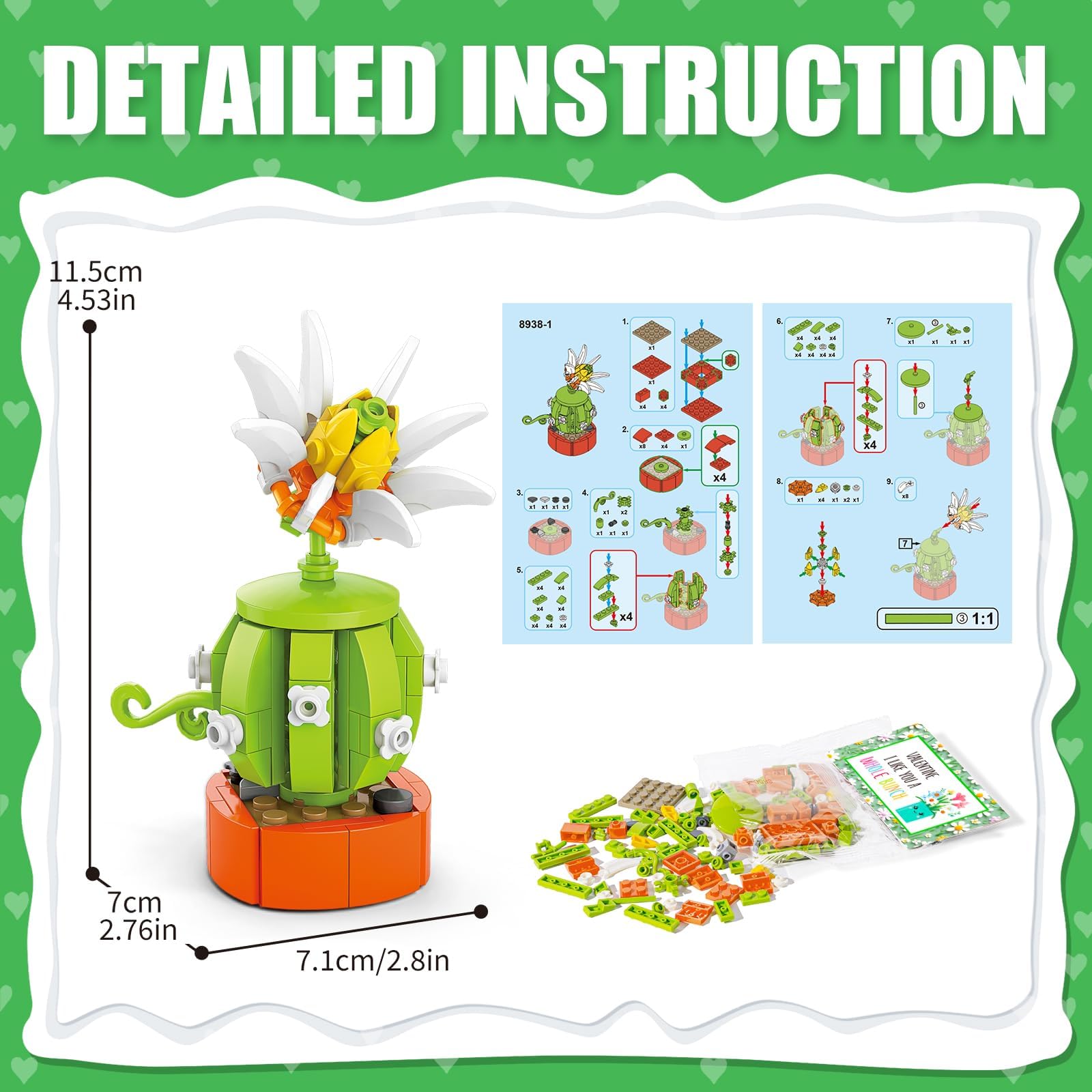 Asoulin 24Pcs Flowers & Succulents Building Blocks Valentine Cards for Kids – Party Favors & Classroom Prizes