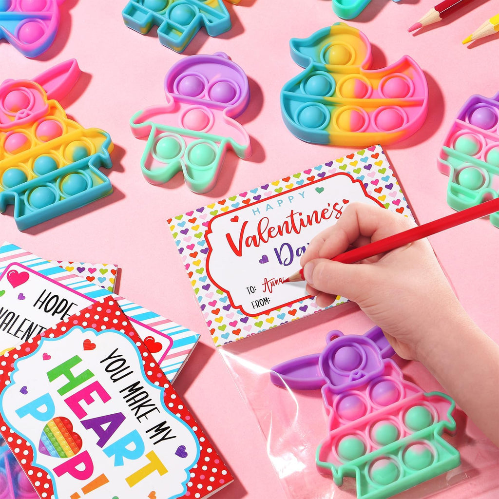Asoulin 24-Pack Unicorn Pop Fidget Keychains with Valentine Cards – Kids Party Favors & Classroom Gifts
