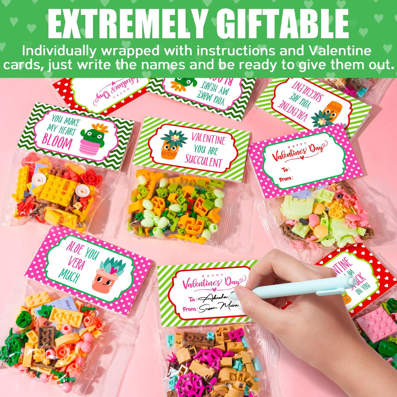 Asoulin 24Pcs Flowers & Succulents Building Blocks Valentine Cards for Kids – Party Favors & Classroom Prizes