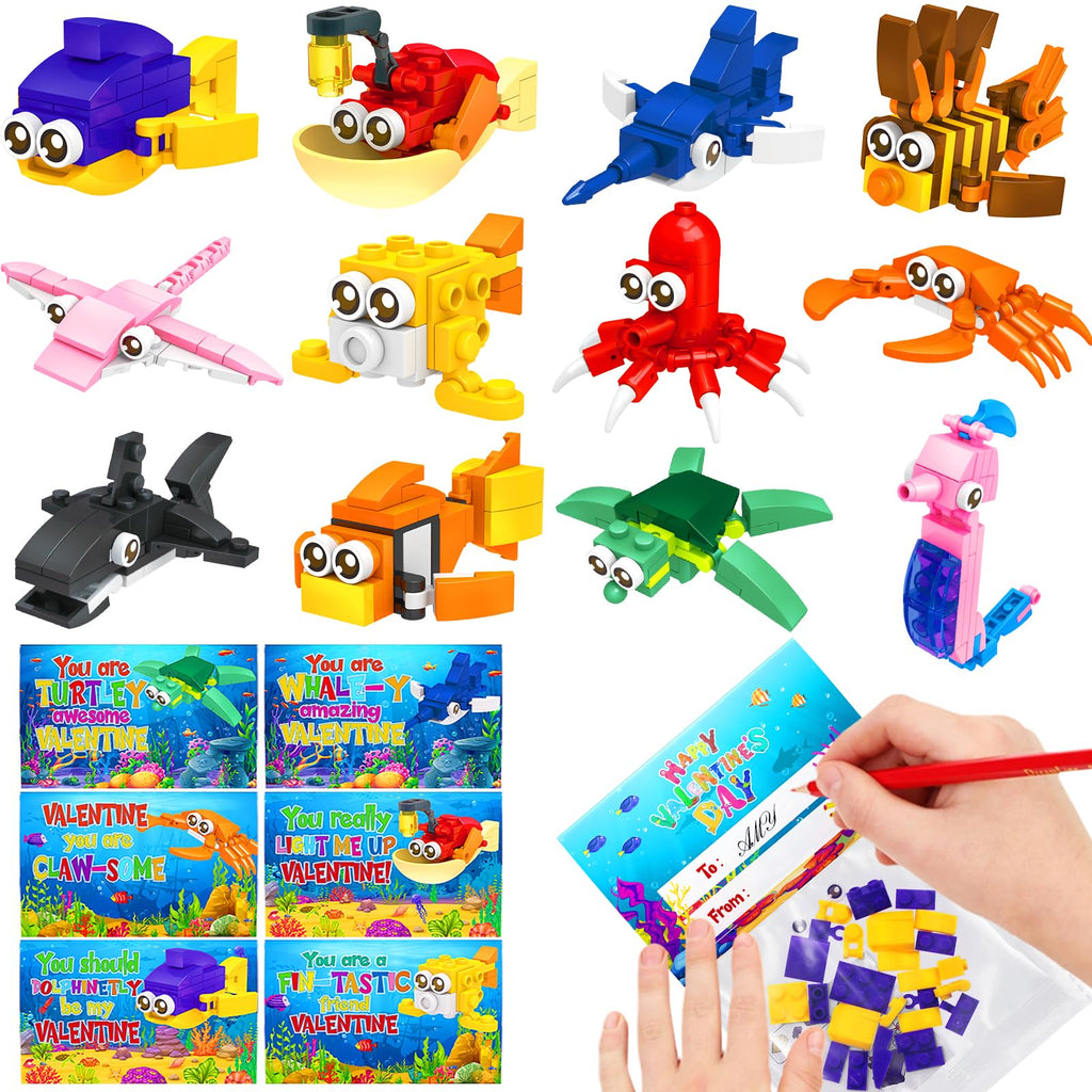 Asoulin 24PCS Sea Animal Building Blocks Valentines for Kids – Classroom Party Favors