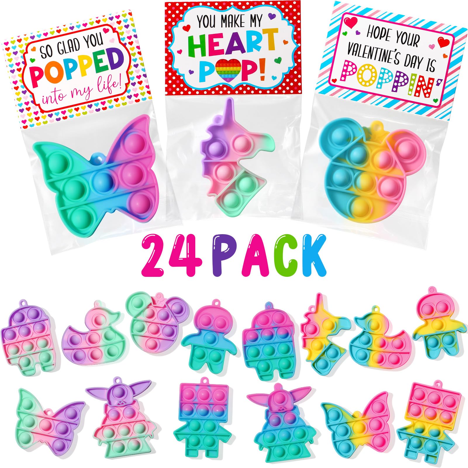 Asoulin 24-Pack Unicorn Pop Fidget Keychains with Valentine Cards – Kids Party Favors & Classroom Gifts