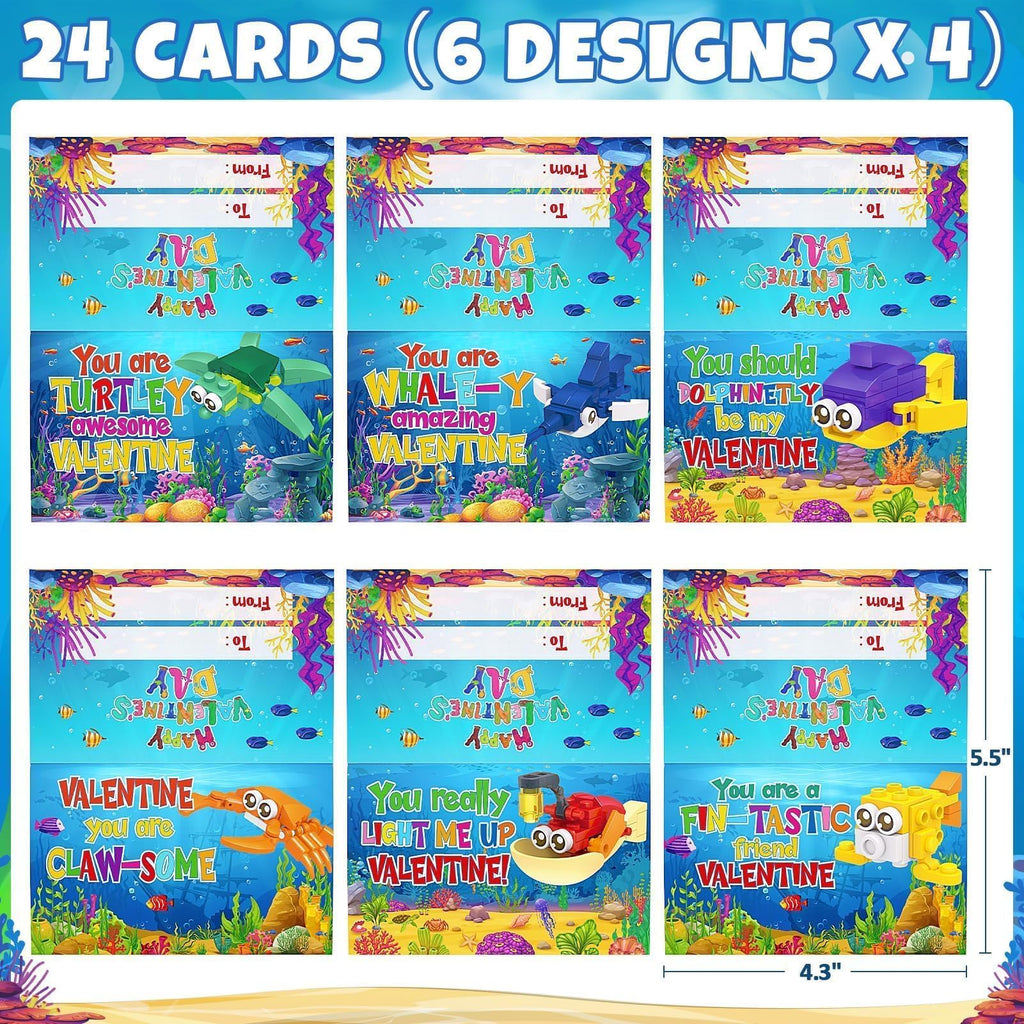 Asoulin 24PCS Sea Animal Building Blocks Valentines for Kids – Classroom Party Favors