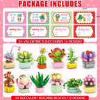 Asoulin 24Pcs Flowers & Succulents Building Blocks Valentine Cards for Kids – Party Favors & Classroom Prizes