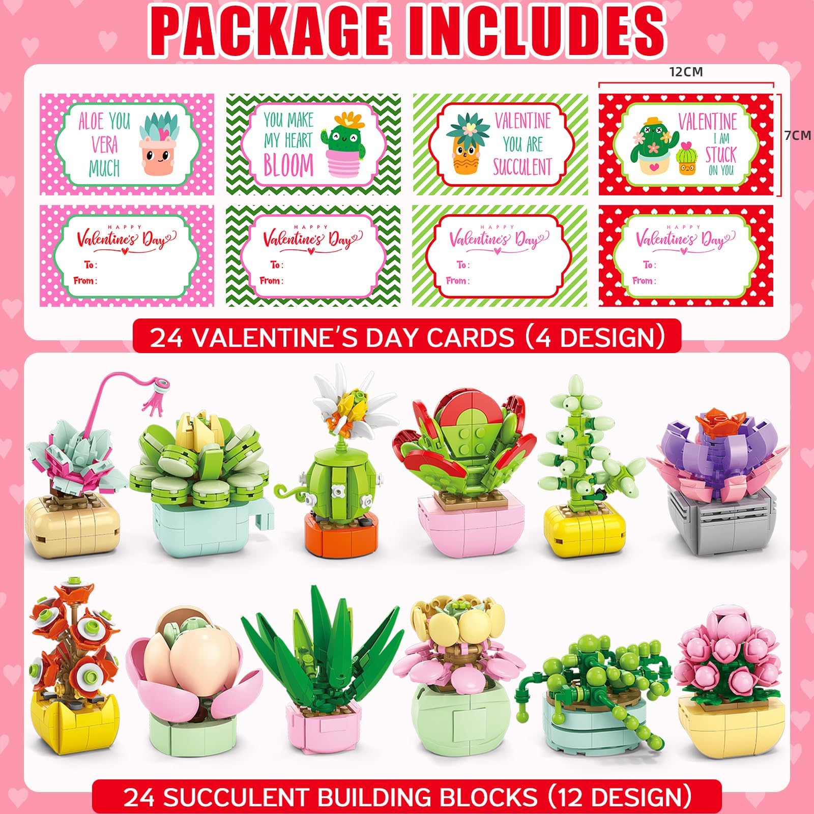 Asoulin 24Pcs Flowers & Succulents Building Blocks Valentine Cards for Kids – Party Favors & Classroom Prizes