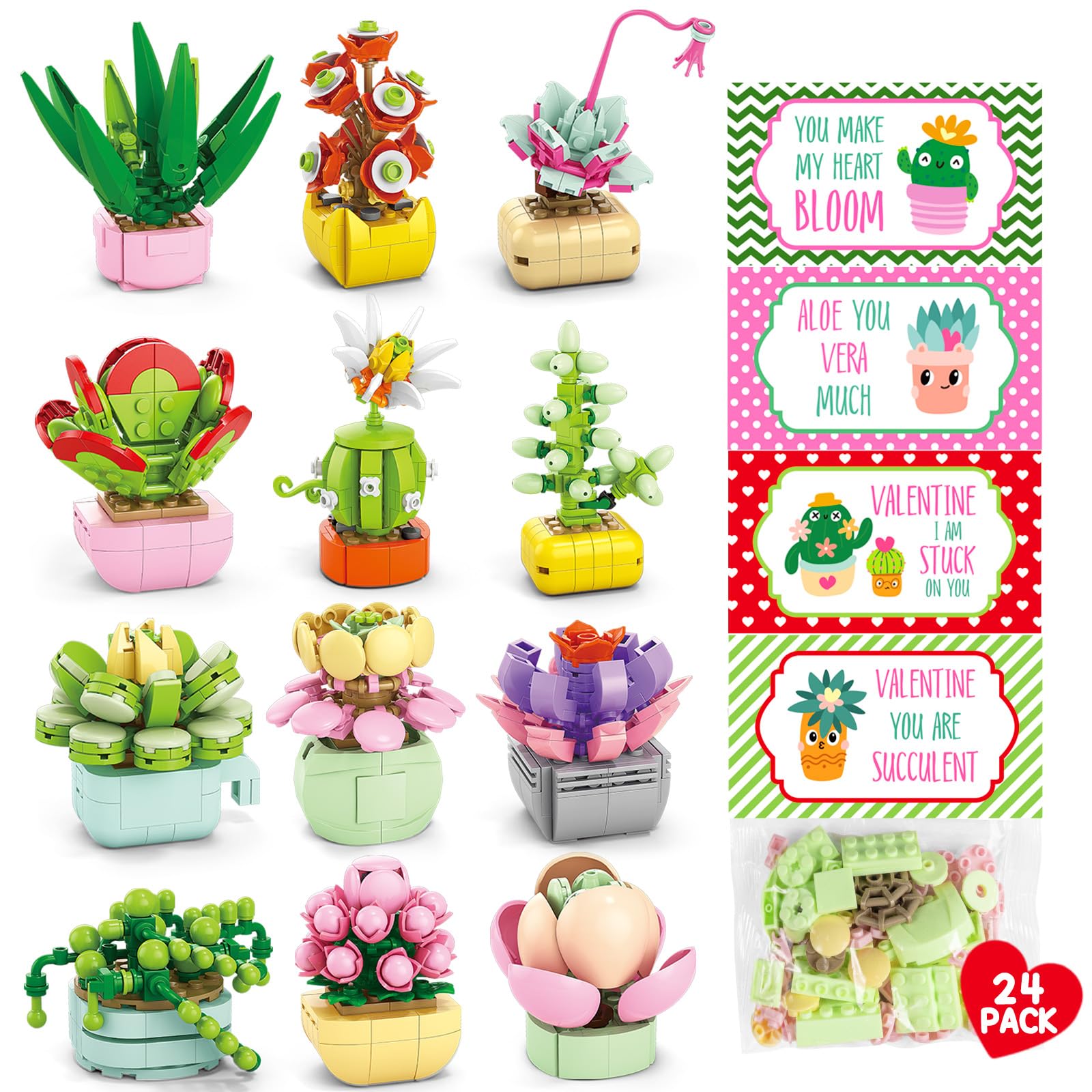Asoulin 24Pcs Flowers & Succulents Building Blocks Valentine Cards for Kids – Party Favors & Classroom Prizes