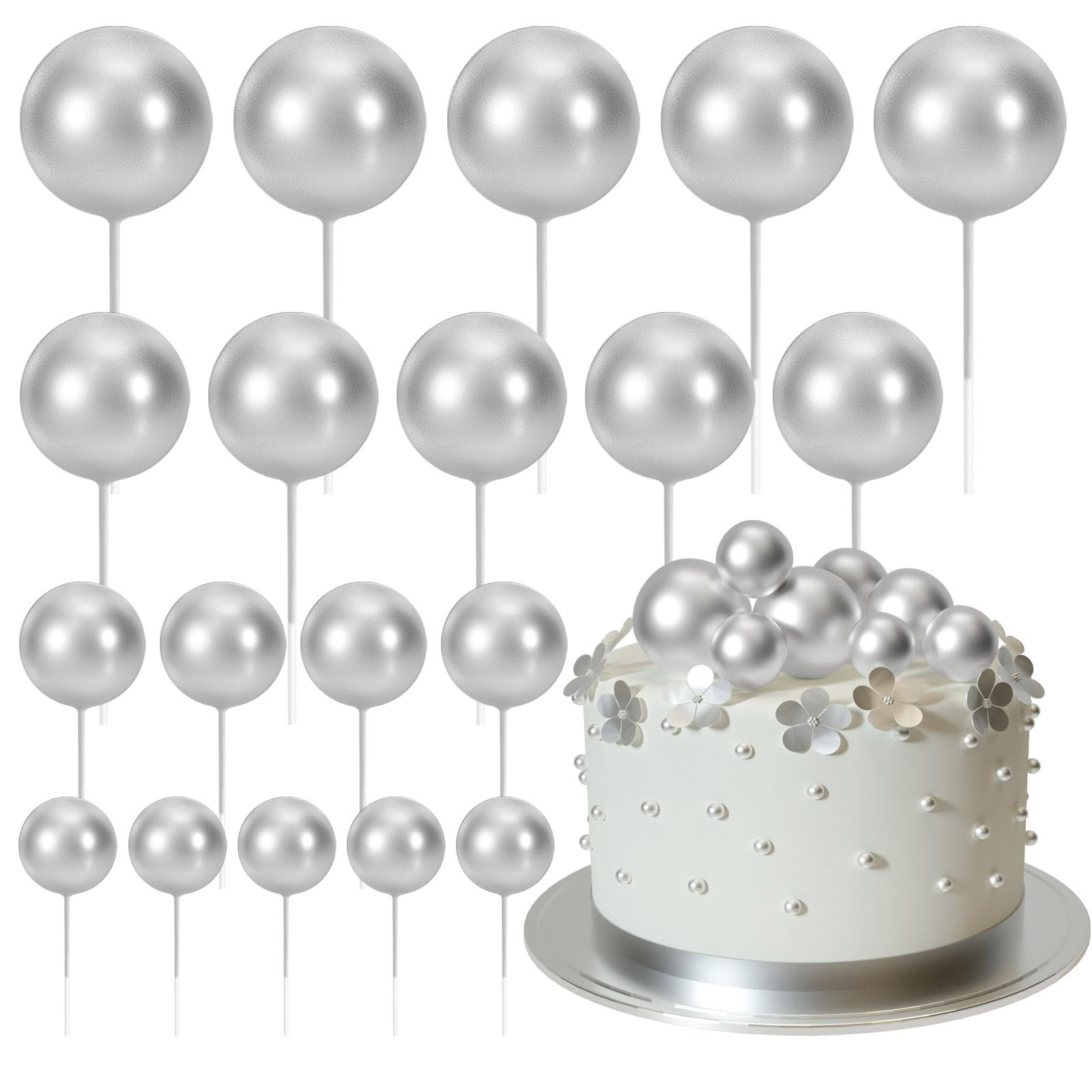 ASTARON 20 Pcs Ball Cake Toppers – Silver Foam Ball Decorations