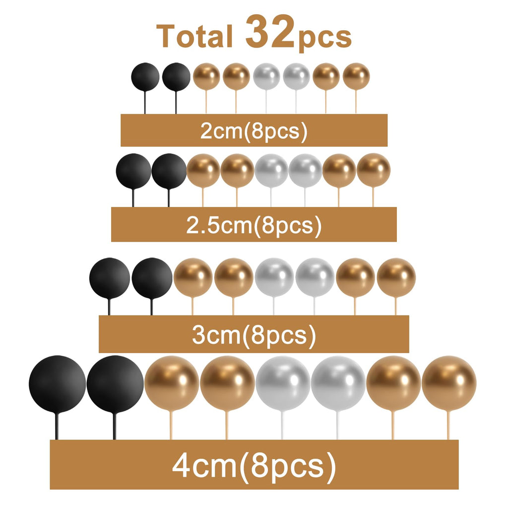 ASTARON 32 Pcs Ball Cake Topper Decorations – Gold, Silver & Black Foam Ball Picks