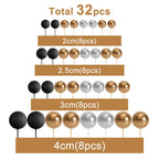ASTARON 32 Pcs Ball Cake Topper Decorations – Gold, Silver & Black Foam Ball Picks
