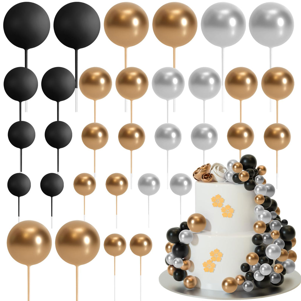 ASTARON 32 Pcs Ball Cake Topper Decorations – Gold, Silver & Black Foam Ball Picks