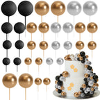 ASTARON 32 Pcs Ball Cake Topper Decorations – Gold, Silver & Black Foam Ball Picks