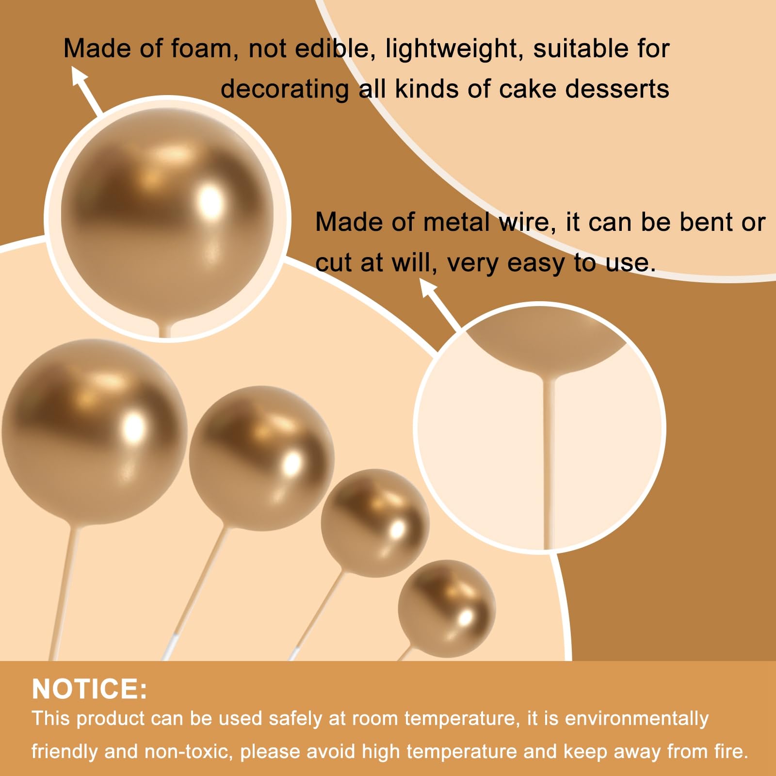ASTARON 32 Pcs Ball Cake Topper Decorations – Gold, Silver & Black Foam Ball Picks