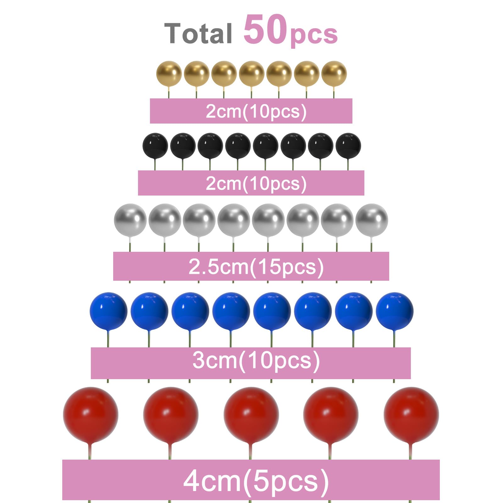 ASTARON 50 Pcs Ball Cake Toppers – Foam Ball Balloon Picks in Red, Blue, Silver, White, Gold | Cake Decorating