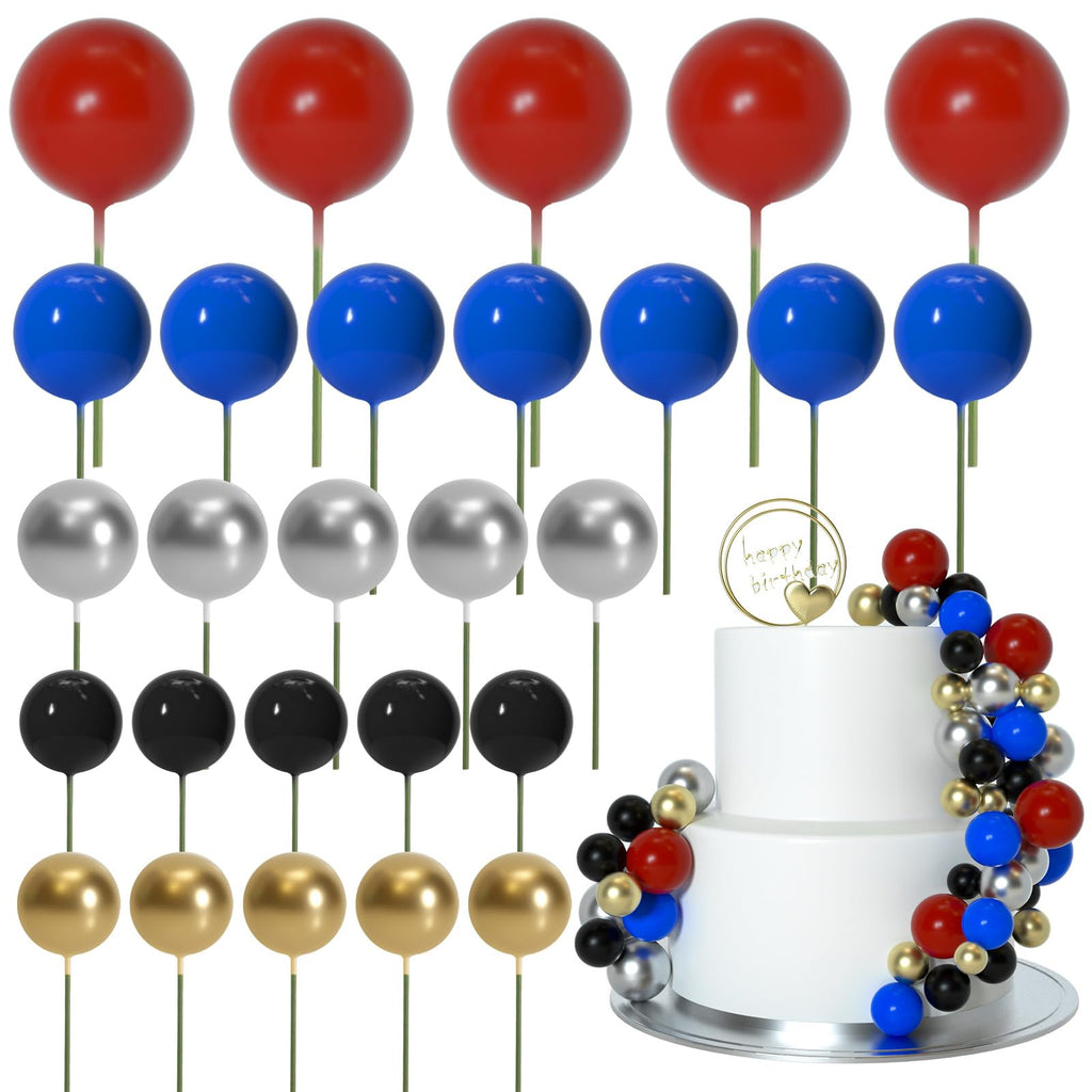 ASTARON 50 Pcs Ball Cake Toppers – Foam Ball Balloon Picks in Red, Blue, Silver, White, Gold | Cake Decorating