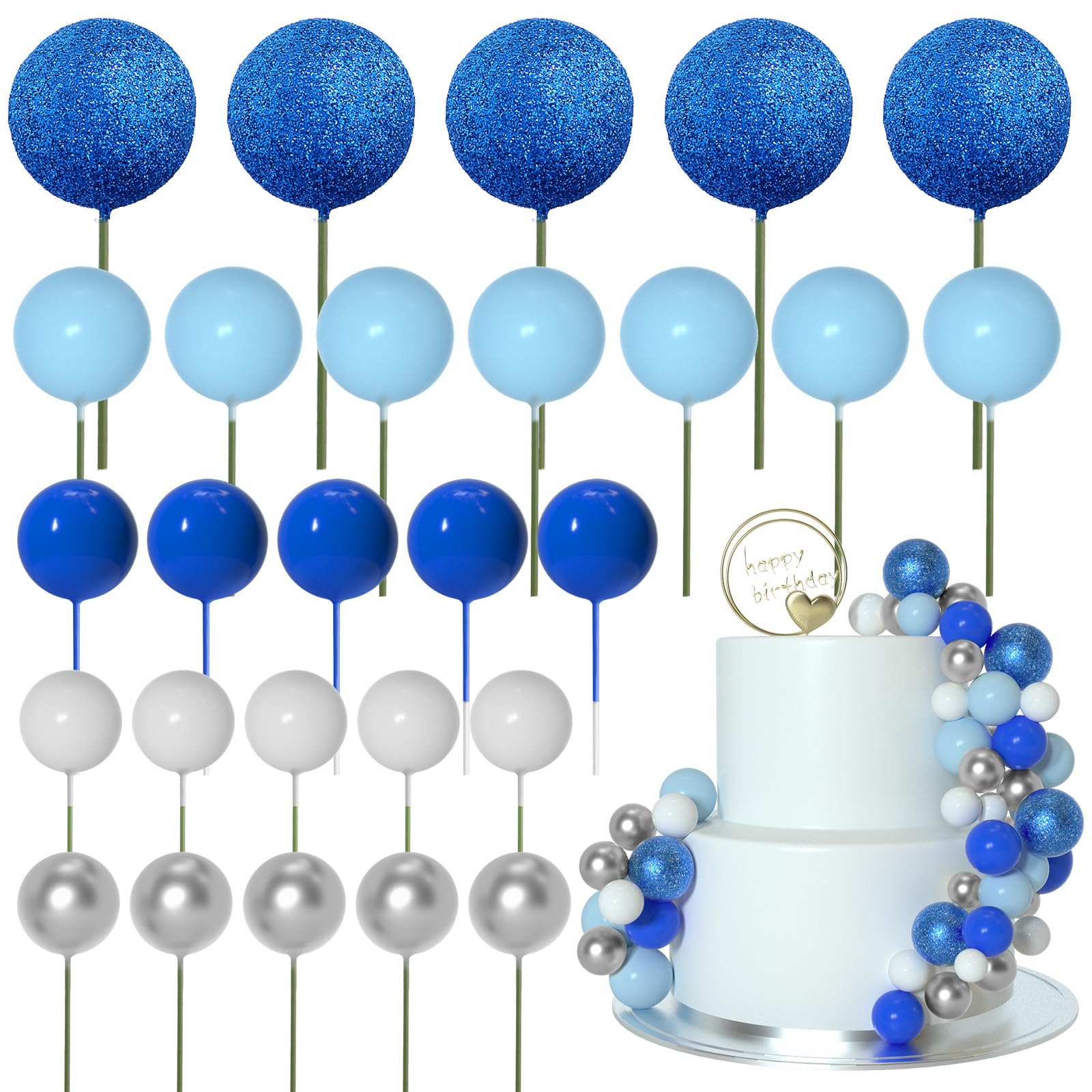 ASTARON 50 Pcs Ball Cake Toppers Blue Series – Foam Ball Decorations for Cakes & Parties