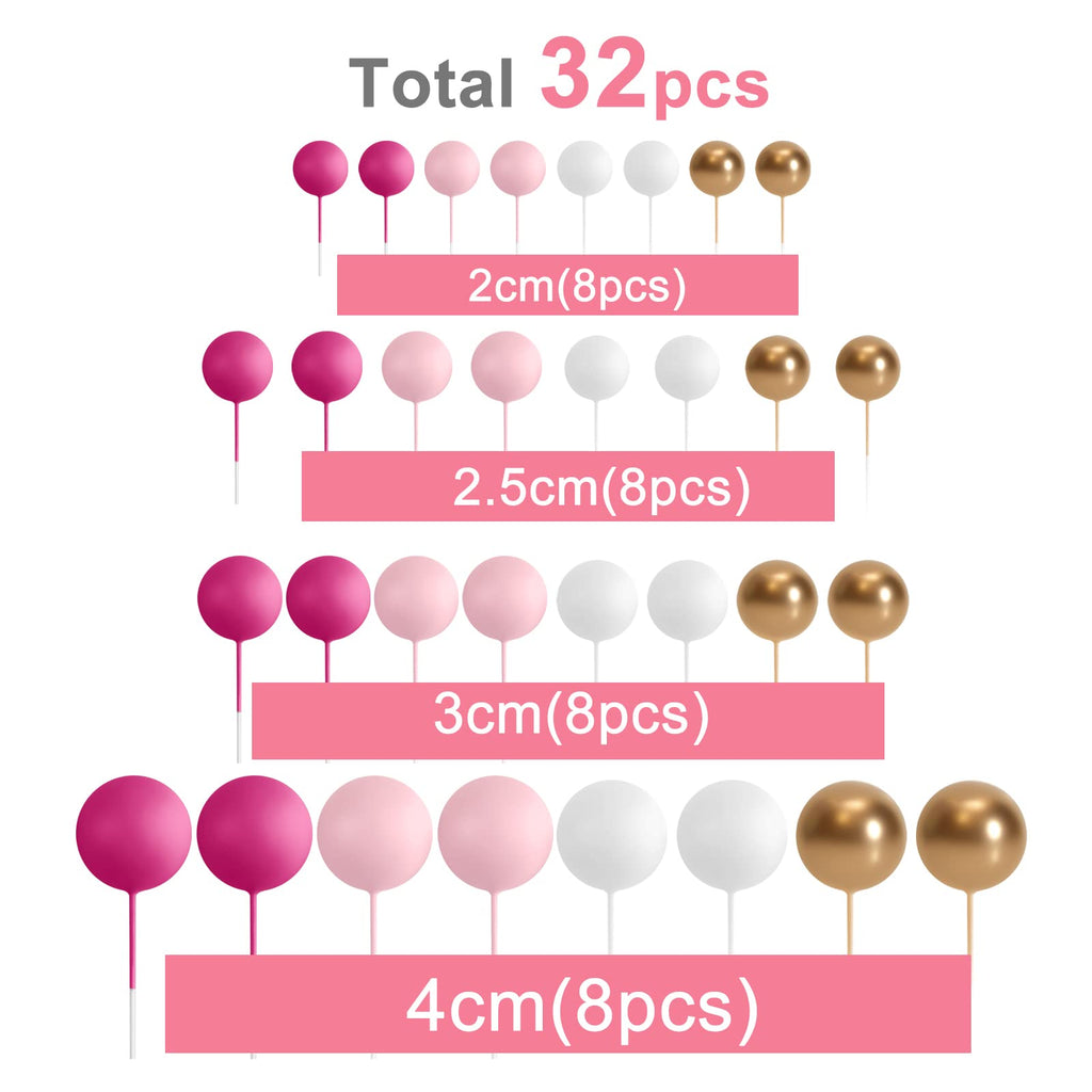 ASTARON 32 Pcs Ball Cake Toppers – Pink Gold Foam Ball Picks for Cakes & Desserts