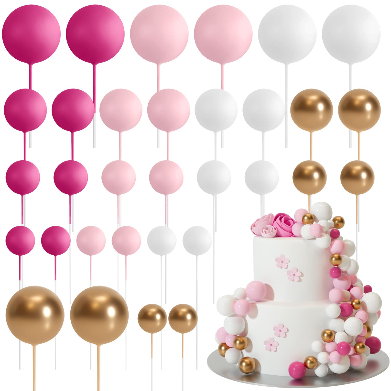 ASTARON 32 Pcs Ball Cake Toppers – Pink Gold Foam Ball Picks for Cakes & Desserts