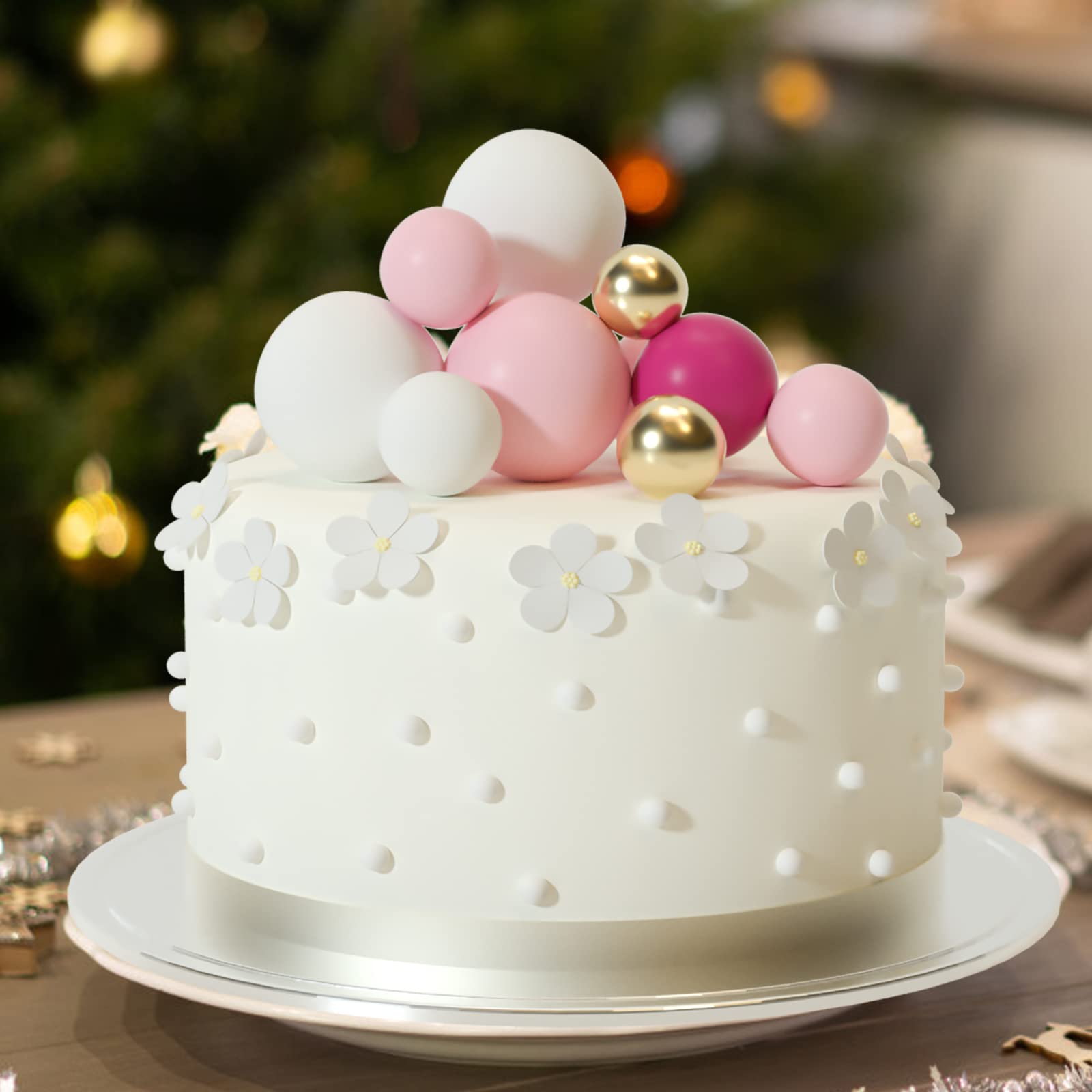 ASTARON 32 Pcs Ball Cake Toppers – Pink Gold Foam Ball Picks for Cakes & Desserts