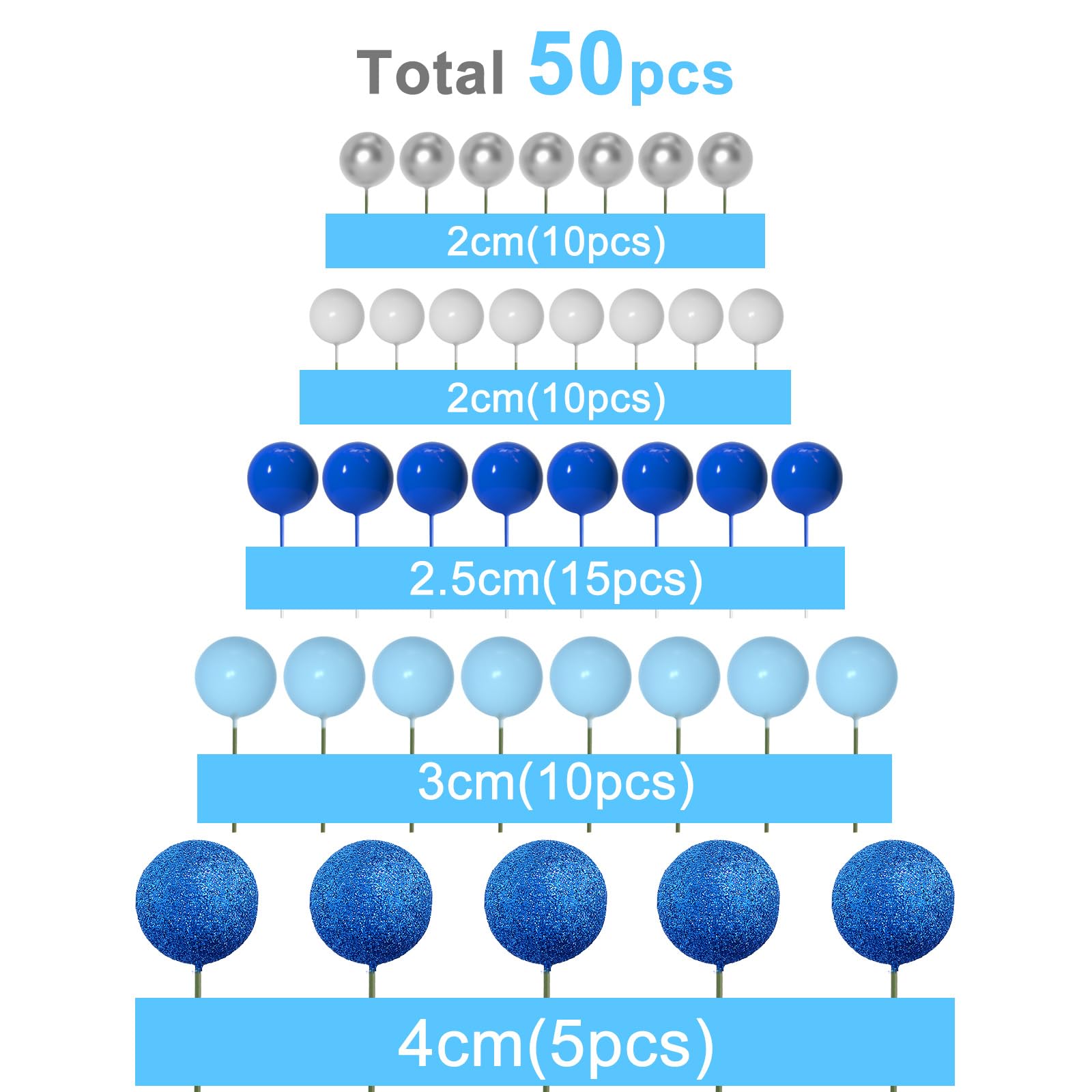 ASTARON 50 Pcs Ball Cake Toppers Blue Series – Foam Ball Decorations for Cakes & Parties