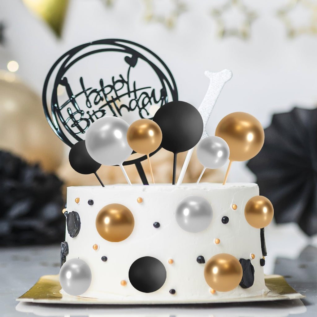 ASTARON 32 Pcs Ball Cake Topper Decorations – Gold, Silver & Black Foam Ball Picks