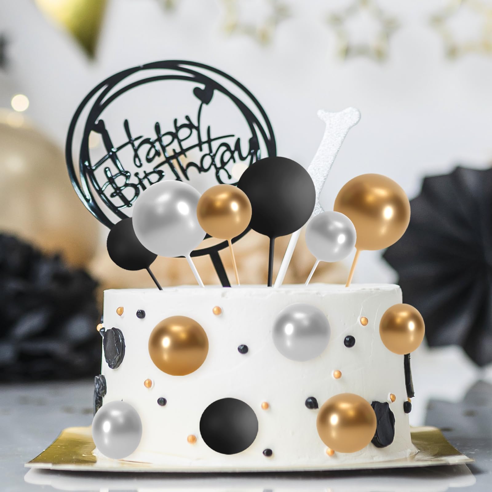 ASTARON 32 Pcs Ball Cake Topper Decorations – Gold, Silver & Black Foam Ball Picks
