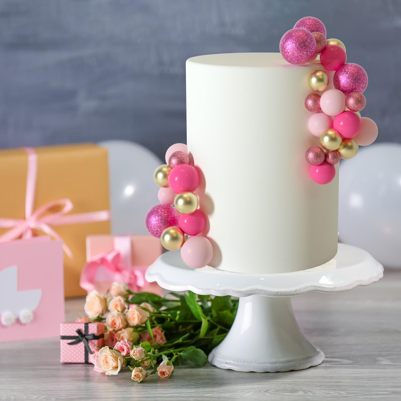 ASTARON 50 Pcs Ball Cake Topper Sticks – Mini Foam Balloon Ball Decorations for Cakes (Pink Series)