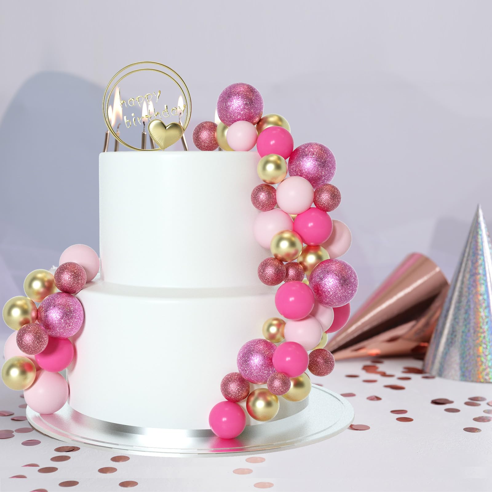 ASTARON 50 Pcs Ball Cake Topper Sticks – Mini Foam Balloon Ball Decorations for Cakes (Pink Series)