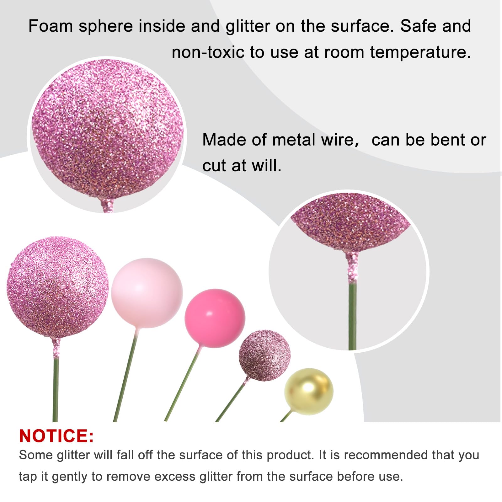 ASTARON 50 Pcs Ball Cake Topper Sticks – Mini Foam Balloon Ball Decorations for Cakes (Pink Series)
