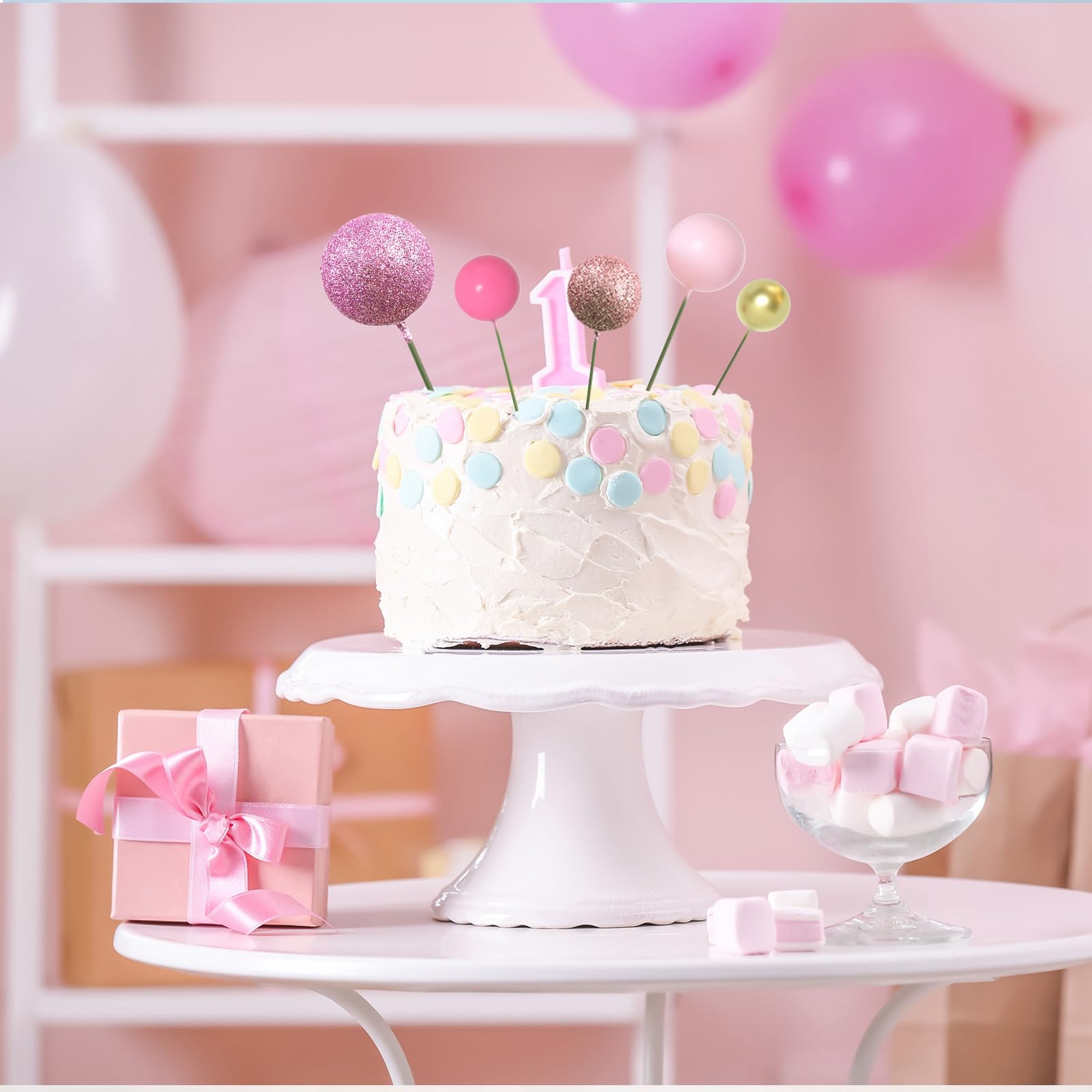 ASTARON 50 Pcs Ball Cake Topper Sticks – Mini Foam Balloon Ball Decorations for Cakes (Pink Series)
