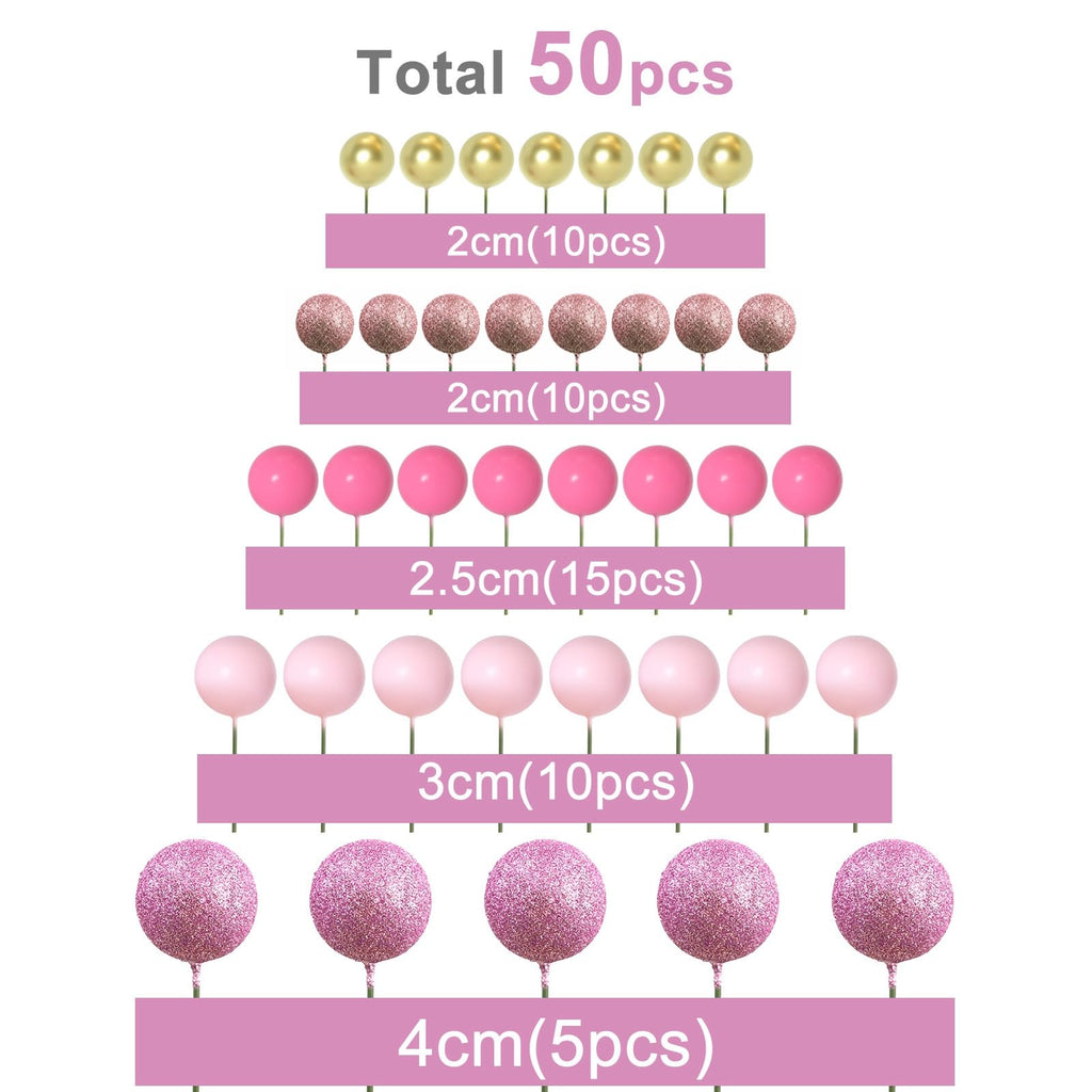 ASTARON 50 Pcs Ball Cake Topper Sticks – Mini Foam Balloon Ball Decorations for Cakes (Pink Series)