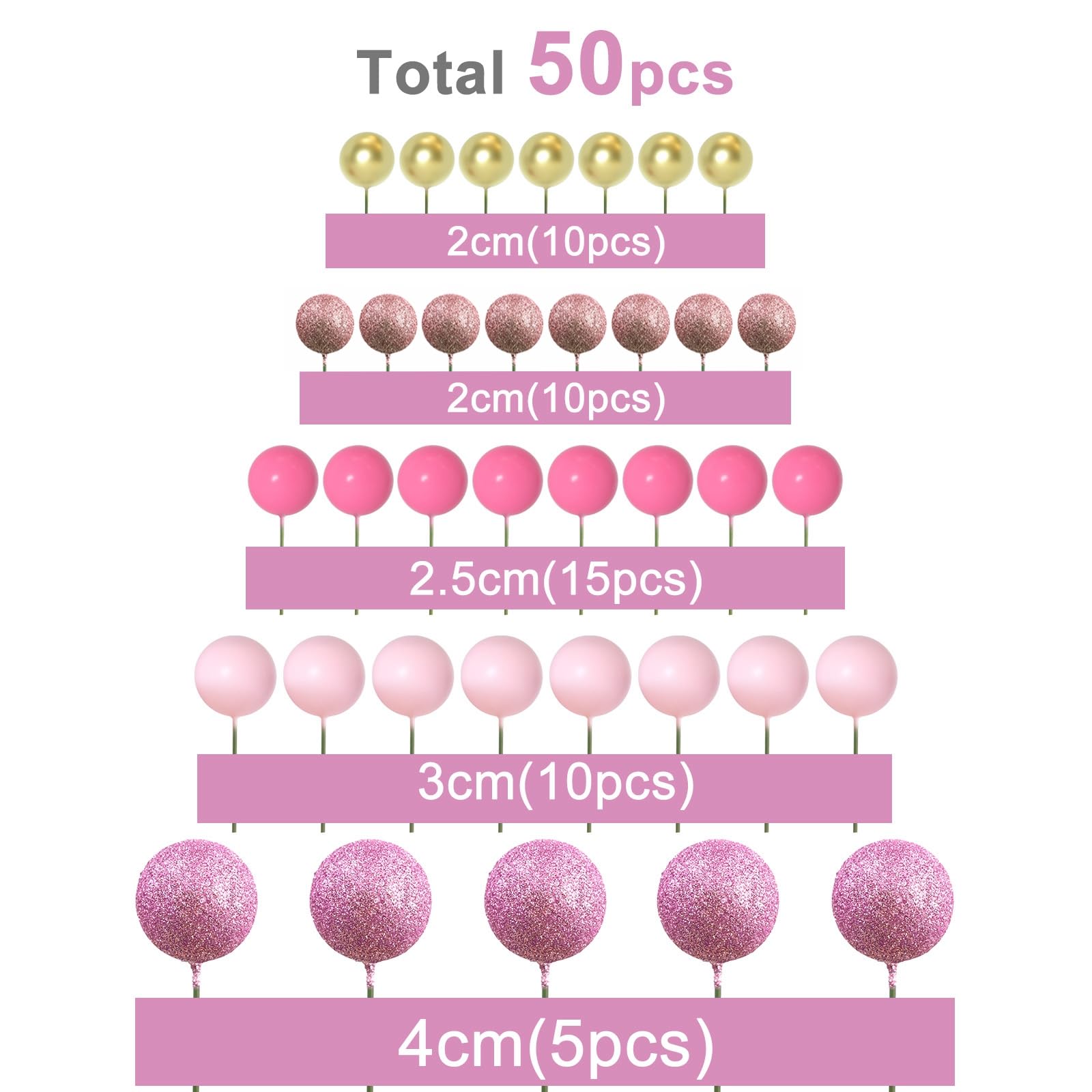 ASTARON 50 Pcs Ball Cake Topper Sticks – Mini Foam Balloon Ball Decorations for Cakes (Pink Series)