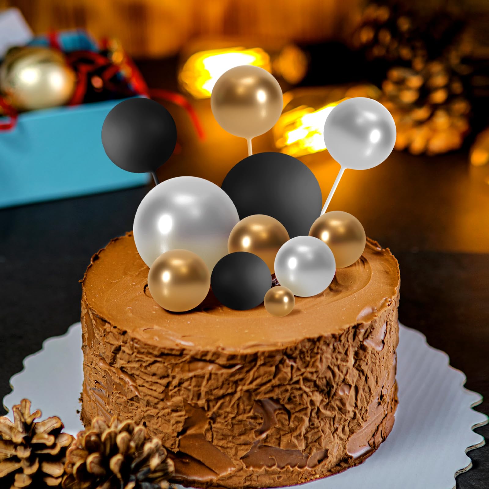 ASTARON 32 Pcs Ball Cake Topper Decorations – Gold, Silver & Black Foam Ball Picks