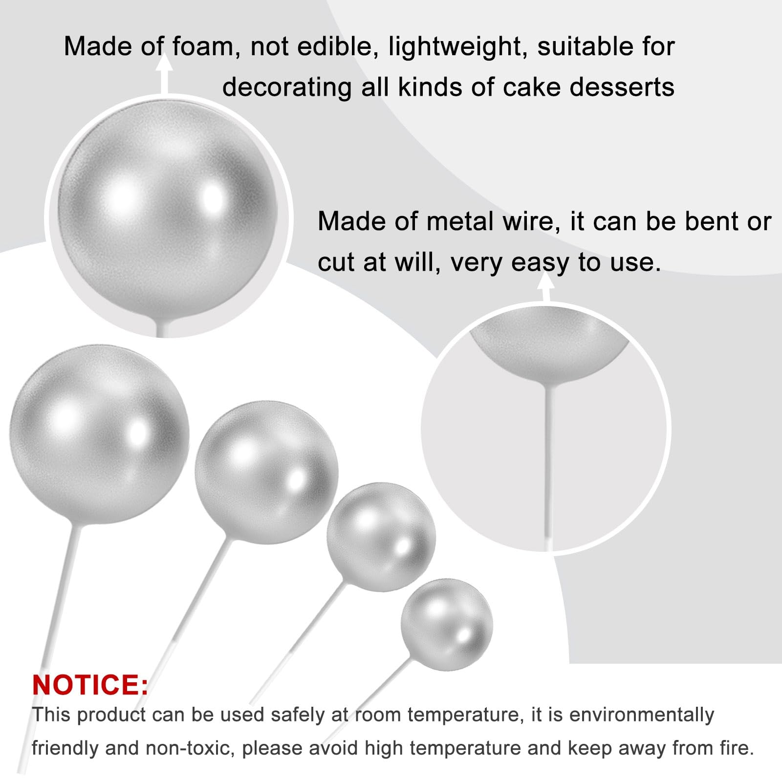 ASTARON 20 Pcs Ball Cake Toppers – Silver Foam Ball Decorations