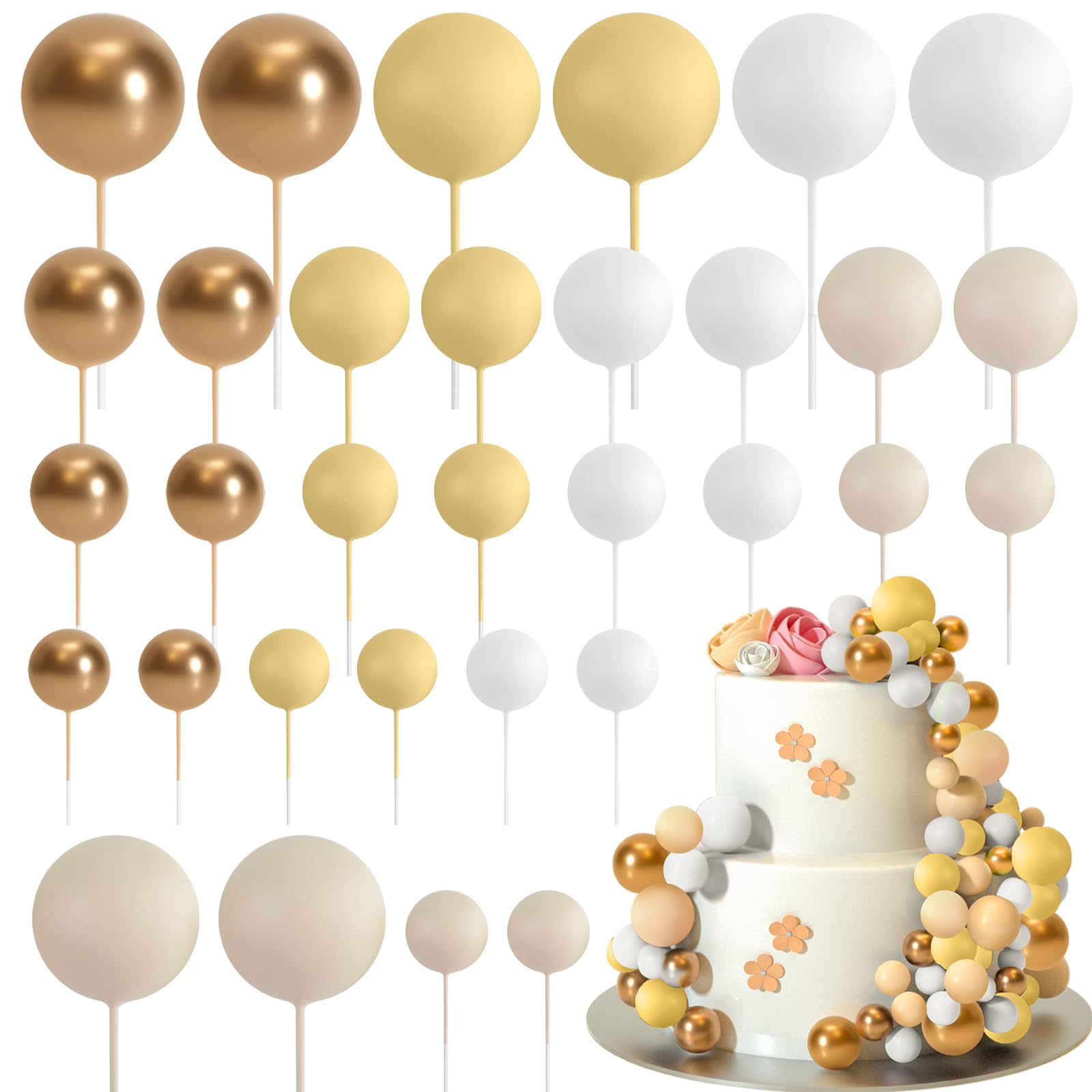ASTARON 32 Pcs Ball Cake Toppers – Yellow Gold Foam Ball Picks