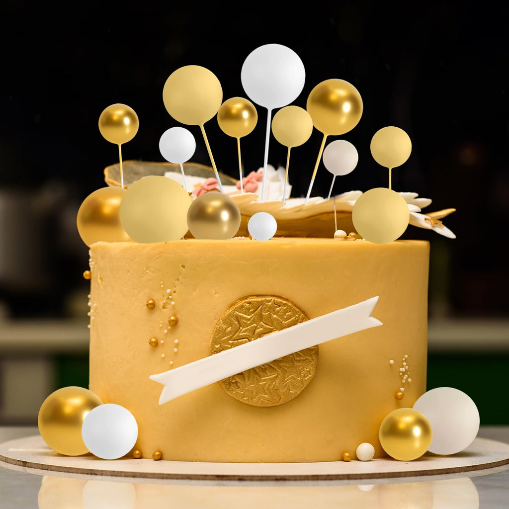 ASTARON 32 Pcs Ball Cake Toppers – Yellow Gold Foam Ball Picks