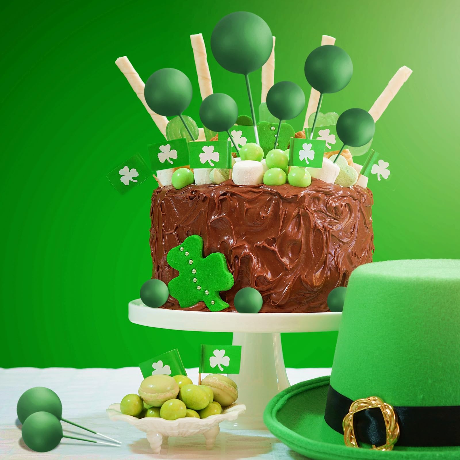 ASTARON 20 Pcs Dark Green Ball Cake Toppers – Easy Foam Ball Picks for Cakes