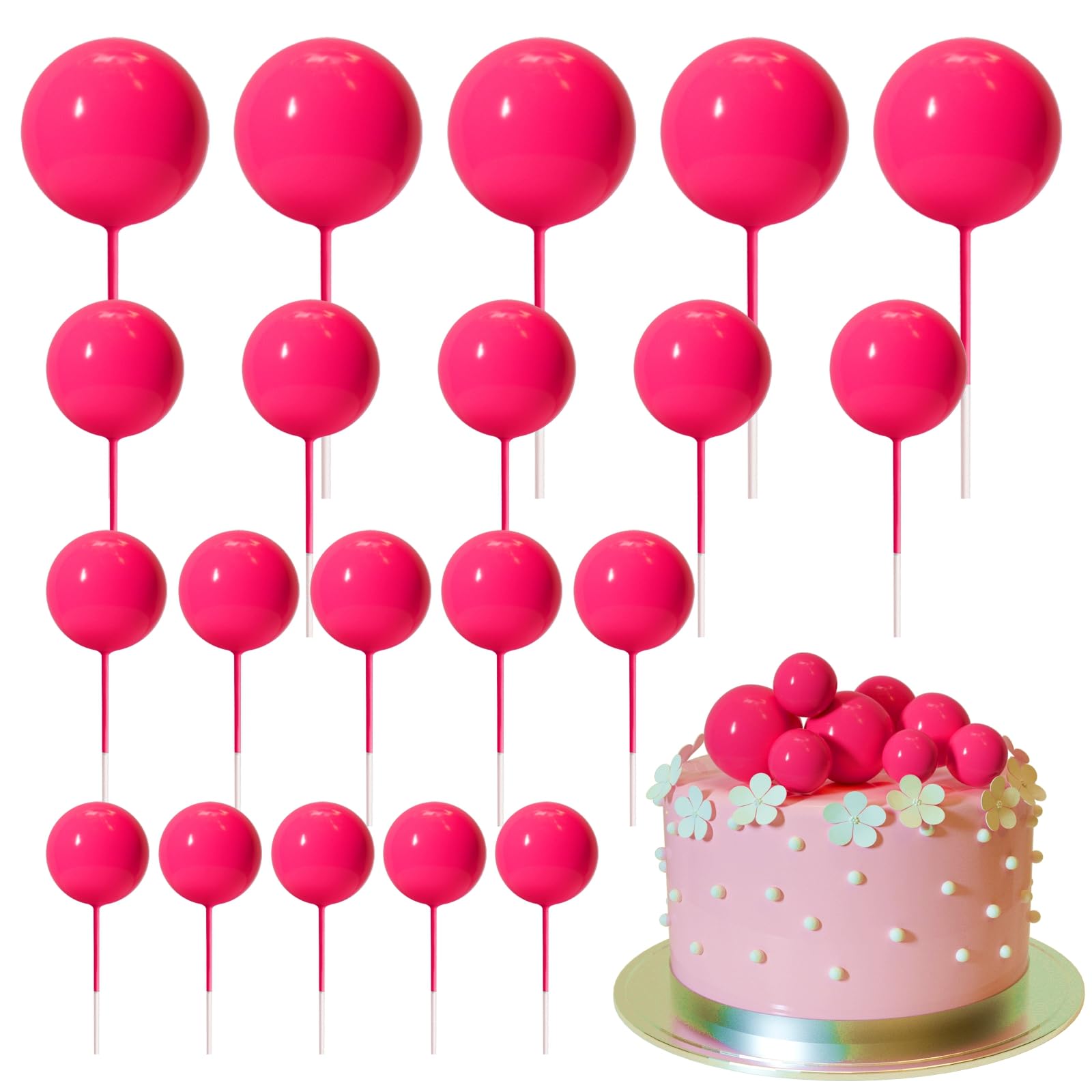 ASTARON 20 Pcs Hot Pink Ball Cake Toppers – Ready-to-Use Mini Ball Decorations for Cakes & Desserts
